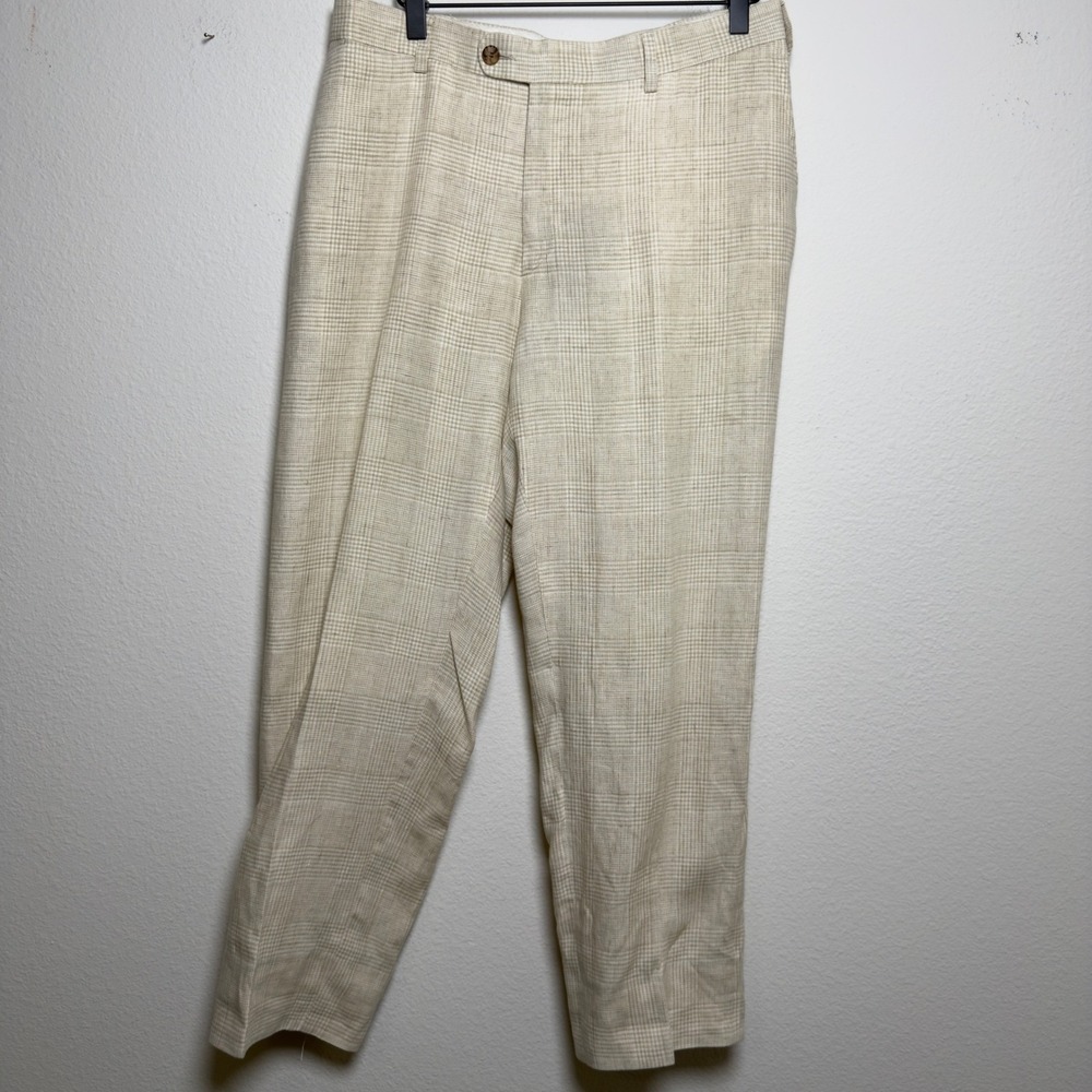 Suitsupply Men Pure Linen Trousers 32x27 Beige Glen Plaid Tailored Dress Pants